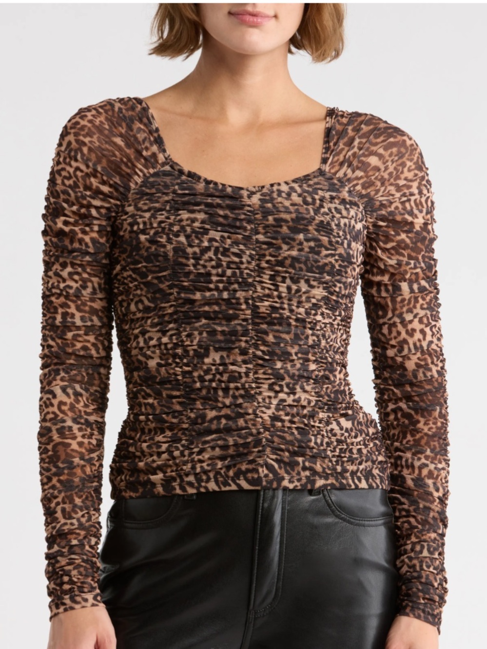 GOOD AMERICAN RUCHED LONG SLEEVE ANIMAL PRINT TOP MEDIUM